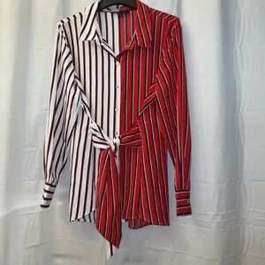 Tommy Hilfiger Women's Blouse Sz XL  Red White Navy Stripe Tie Front Long Sleeve